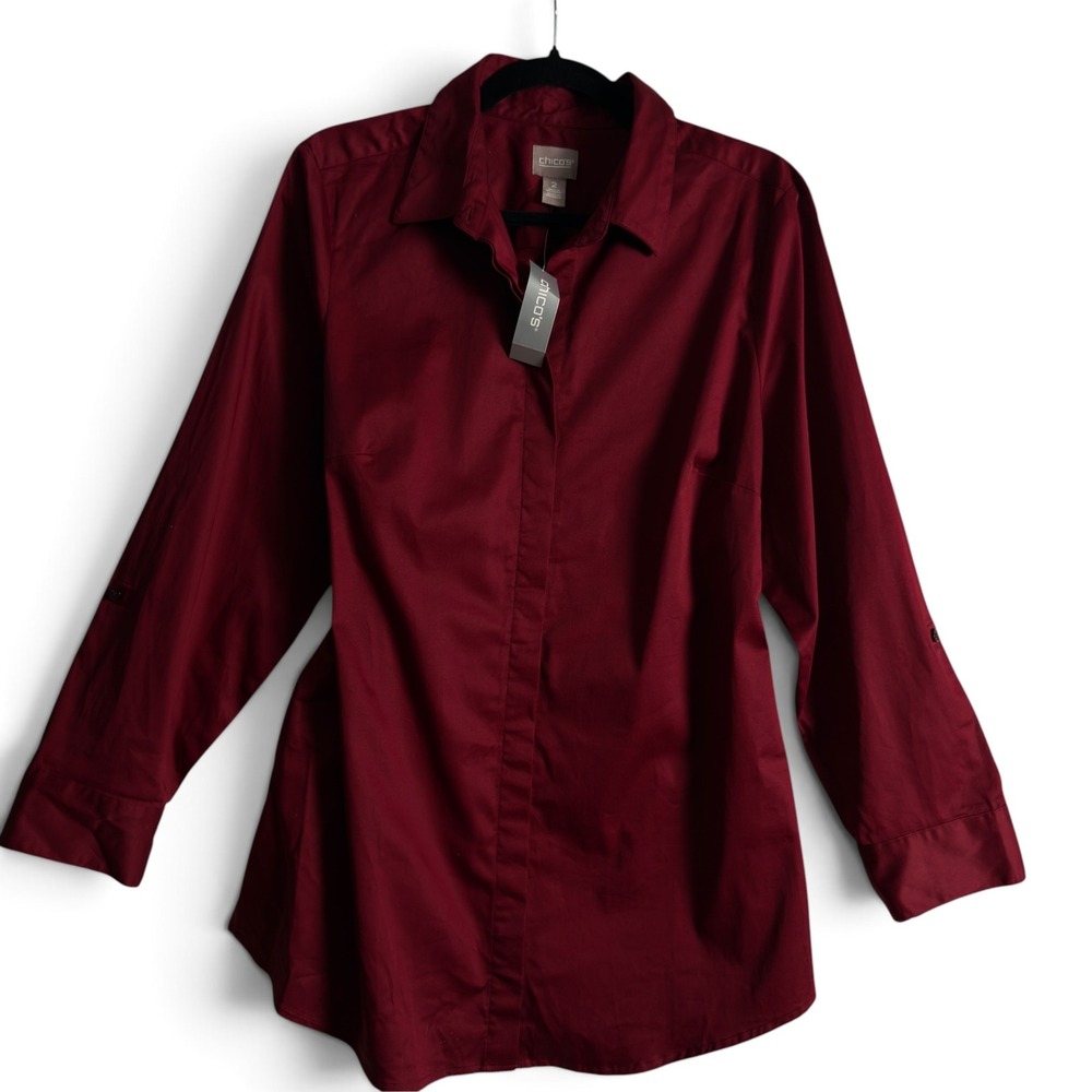 Chico's Locklyn Shirt Women 2 Amulet Red Button Down Roll Tab Long Sleeve NWT
